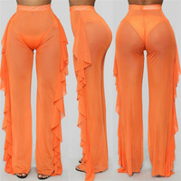 Pantalon de plage en maille transparente pour femmes, Sexy, à volants, jambes larges, Cover-Up pour Bikini, nouvelle collection 2019