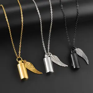 Zylinder Einäscherung Urne Halskette für Asche Edelstahl Memorial Andenken Anhänger mit Angel Wing Pet Memorial Schmuck