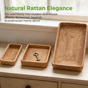 Vassoio in Rattan, Cesto Rettangolare in Vimini per Organizzazione e Conservazione, Vassoio Decorativo Naturale Intrecciato per Arredamento Casa - Product Image 5