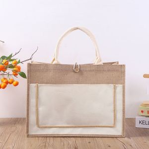 Sac de plage en jute écologique avec logo personnalisé, poignée en coton, sac à bandoulière imperméable, sac de courses réutilisable avec bouton - Product Image 3