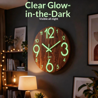 Horloge murale ronde en bois au design simple, mouvement silencieux à quartz lumineux, fonction phosphorescente pour la décoration de la maison, du bureau ou de la cabane