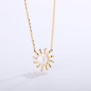 <b>Copper</b> Gold Plated Spinning Sun Ray CZ Freshwater Pearl Pendant Necklace Curved Sunflower Jewelry for Women - Product Image 2