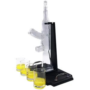 Ak 47 Gun Whiskey Decanter Set + 4 Whisky Glasses On Wood Classic Base Tray For Home Bar Decor