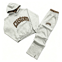 Survêtements personnalisés pour hommes Y2K avec patchs lettres léopard, sweats à capuche et sweat-shirts doublés léopard pour hommes, pantalons de survêtement à ourlet fendu, ensemble streetwear