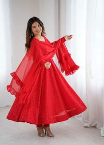 Tela Anarkali Roja de la Mejor Calidad, Georgette Fox Pura y Suave, con Bordado de Lentejuelas Lukhnawi, Precio al por Mayor - Product Image 5