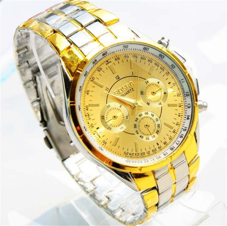 DGJUD Men's Gold Alloy Quartz Watch, Three-Eye Business Style
