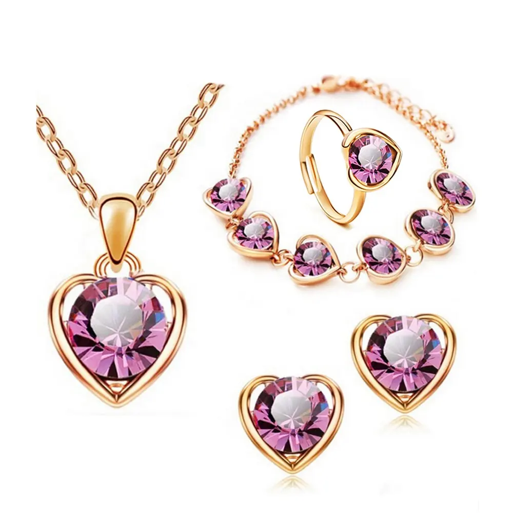 Phụ Nữ Dễ Thương Trái Tim Zircon Pha Lê Vòng Cổ Bông Tai Trang Sức Set Kết Hợp Miễn Phí