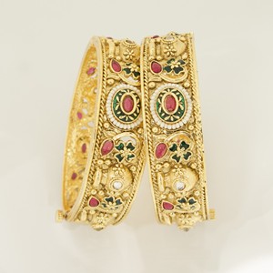 Traditional Imitation Antique Gold Plated Openable Temple Kada Bangles Set with <b>Ruby</b> Green Stone Pearls for Women Girls Wedding - Product Image 2