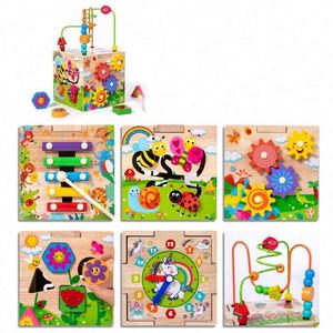 Juego de Juguetes Multifuncional, Laberinto de Cuentas, Clasificador de Formas, Cubo de Actividades de Madera 6 en 1 para Bebés - Product Image 3