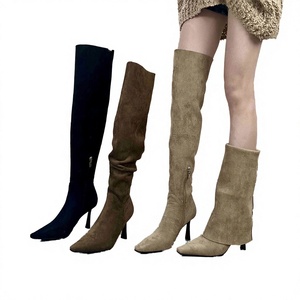 Autumn Thin Thick Platform Over-<b>Knee</b> Suede Upper Mesh Lining Zip Metal Studs Wide Leg Fit Boots - Product Image 3