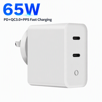 Électronique grand public Chine certifiée ODM complet Gan3 Au Nz Prise murale 65W Gan PD Chargeur rapide double USB-C pour ordinateur portable et téléphone portable