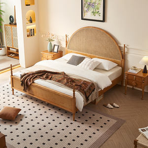 سرير مزدوج بتصميم نورديك عصري مقاس 1.8 متر، مصنوع من الخشب الصلب البسيط والروطان مع مساحة تخزين مبتكرة لغرف النوم الرئيسية في بيوت الضيافة - Product Image 3