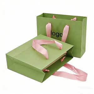 Factory Direct Customizable Free Design Eco-Friendly Biodegradable Sage Green Paper Shopping <b>Bag</b> Pink Handle Elegant Small - Product Image 1