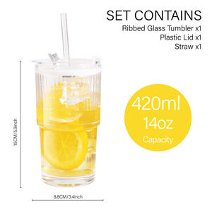 Vaso de Vidrio con Rayas Verticales, Tapa Antiderrames, Apto para Alimentos, NOVARE, para Bebidas Frías, Smoothies, Moderno, para Hogar y Oficina - Product Image 2