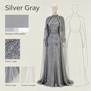 <span class=keywords><strong>Robe</strong></span> Abaya Maxi <span class=keywords><strong>de</strong></span> Soirée Modeste pour Femme, Personnalisée OEM, Luxe, Gris Argenté, Entièrement Brodée <span class=keywords><strong>de</strong></span> Paillettes et Perles, Manches Cape, Col Montant, Style Musulman - Product Image 2