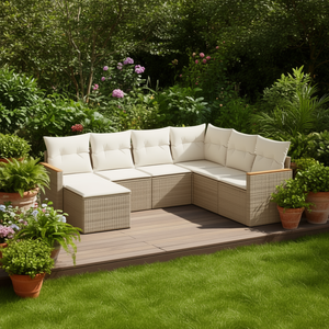 Conjunto de Sofás de Jardín Beige, Mimbre de Ratán PE para Exteriores con Cojines de Espuma de Alta Densidad, Diseño Contemporáneo Impermeable - Product Image 2