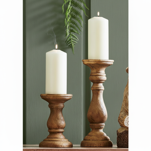 New Arrival Vintage <b>Wooden</b> Pillar <b>Candle</b> Holders Stand Set Handcrafted Mango Wood Best Price for 2 Pcs Including Glass Bottle - Product Image 1