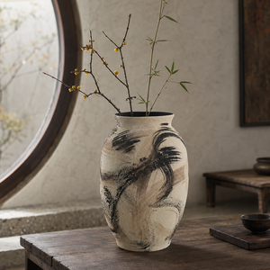 Grand vase en argile texturée fait main, <span class=keywords><strong>peinture</strong></span> abstraite à l'encre, poterie pour plantes séchées, ornement d'intérieur - Product Image 5