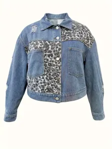 Abrigo vaquero de moda para mujer con estampado de leopardo, patchwork, manga larga, solapa rasgada y botonadura sencilla - Product Image 3