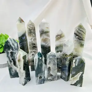 Wholesale large natural druzy moss agate tower quartz crystal healing geode wand points agate pencil obelisk for home decoration