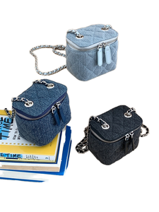 Korean Solid Zipper Embroidery <b>Small</b> Box Women's Lipstick Key Denim Chain Fashion Mini Shoulder Crossbody <b>Bag</b> - Product Image 1