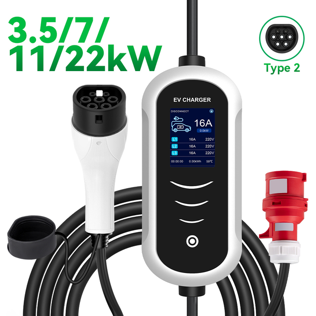 Portable EV Charger 16A 3.5KW 7KW 11KW 22KW Fast EV Charger Type 2 Electric Car Charger Electric Car Station
