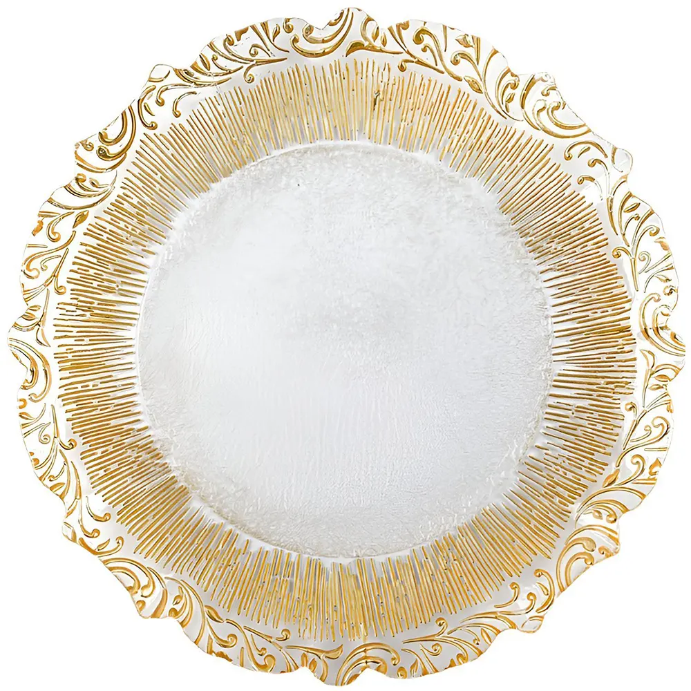 New design 13inch gold pattern glass charger plate Best Sale High Quality wedding clear glassware wedding for Desktop decoration