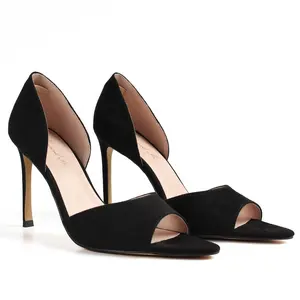 Damen sexy Stiletto hohe Absätze Pumps schwarz Wildleder Peep-Zehen-Schuhe mit offenem Zeh atmungsaktiv und Logo-Feature für Sommer