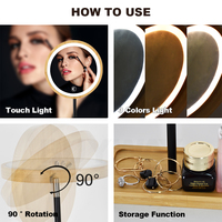 Miroir de maquillage LED en bambou écologique avec base de rangement dissimulée, rechargeable par Type-C, miroir de vanité rond pour les voyages et les dortoirs