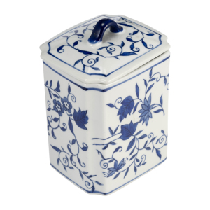 Vaso in ceramica con coperchio, design floreale blu, per decorazioni domestiche, complemento d'arredo moderno - Product Image 5