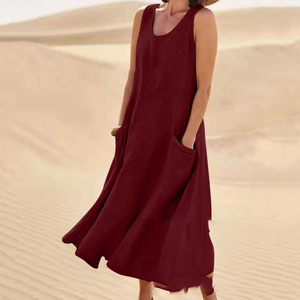 Robe <span class=keywords><strong>Bohème</strong></span> Moderne pour <span class=keywords><strong>Femme</strong></span> Sans Manches Taille Mi-Haute Silhouette Évasée en Mélange Coton-Lin avec Poche et Imprimé Thème Océan - Product Image 6