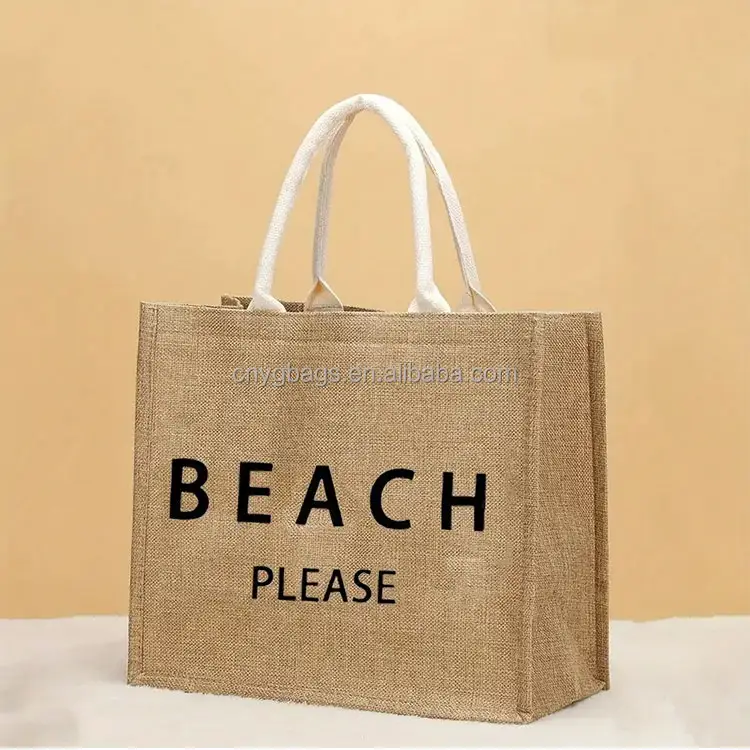 Eco Friendly logotipo personalizado grande verano impermeable mujeres compras comestibles arpillera yute bolso de mano para la playa