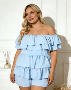 Combinaison-pantalon d'été pour femme, grande taille, bleu clair uni, à épaules dénudées, avec volants étagés, en maille, coupe droite - Product Image 1