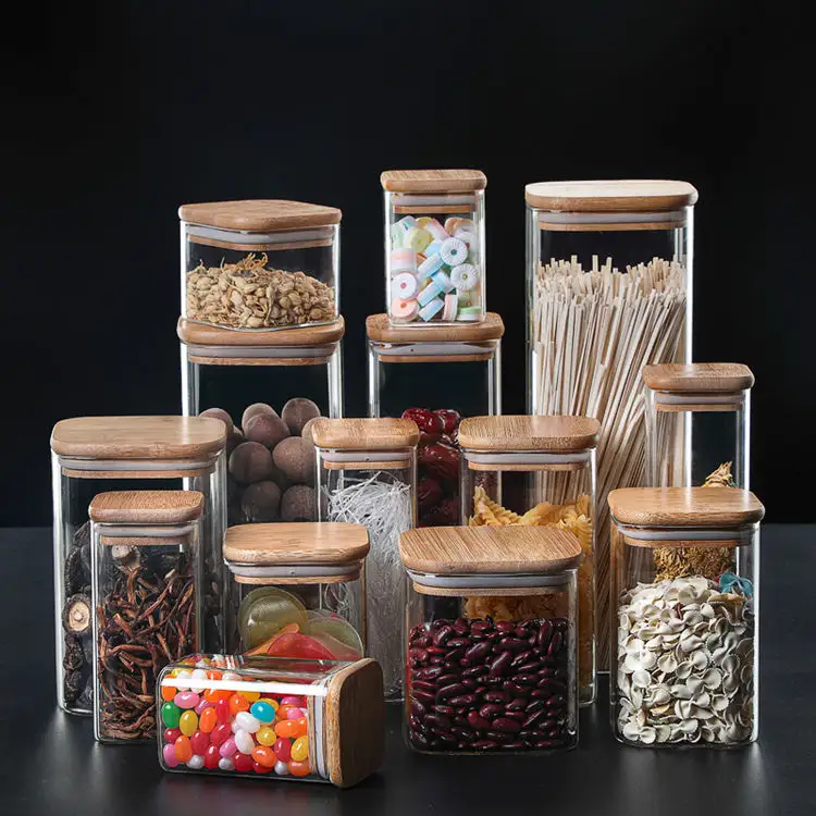 2024 new arrivals preserve food containers cylinder high borosilicate heat resistant glass spice storage jar with bamboo lid