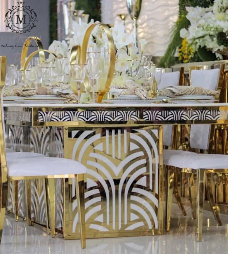 Mobiliário de casamento estilo royal aço inoxidável dourado com 6 cadeiras acrílico mesa de jantar e sala de jantar