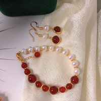 Ensemble de bijoux en argent plaqué or de luxe, collier, bracelet et boucles d'oreilles en agate rouge et perles, certifié NGTC, pour femmes