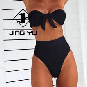 Traje de Baño de Lujo Personalizado para Mujer, con Lazo, sin Tirantes, con Logotipo, Cintura Alta, Diseño Texturizado de Color Sólido - Product Image 2