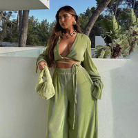 Ensemble 2 pièces pantalon à jambes larges, haut court à lacets, tenue d'automne plissée verte pour femme, livraison rapide, printemps 2022