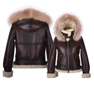 Hooded Shearling Women Sheepskin Aviator <b>Leather</b> Bomber <b>Jacket</b> Fur Sherpa <b>Real</b> <b>Leather</b> Winter <b>Jacket</b> Removable Hood B3 <b>Jacket</b> - Product Image 1