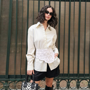 Camisa de Popelina Crema para Mujer, con Botones, Cintura de Encaje, Manga Larga, Corte Clásico, Cuello Camisero, Estilo Holgado - Product Image 1