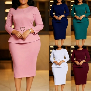 Vestidos de Otoño de Moda D599, Vestidos Casuales Elegantes de Manga Larga con Cuello Redondo para <span class=keywords><strong>Mujer</strong></span>, Vestidos Formales de Oficina para <span class=keywords><strong>Mujer</strong></span>, Vestido Africano de <span class=keywords><strong>Trabajo</strong></span> con Cinturón - Product Image 2