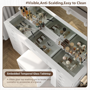 Coiffeuse en bois à 15 tiroirs avec prise électrique, miroir LED, plateau en verre, panneau autoportant, écologique - Product Image 4