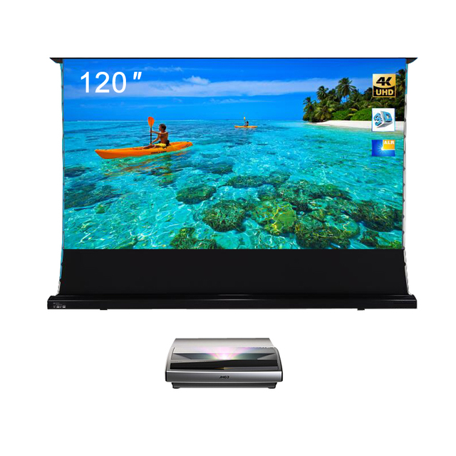 R 120 Inch ALR Pet Crystal Electric Tension Floor Rising Screen for Ambient Light Rejecting Ust Laser 4k Projection Screen