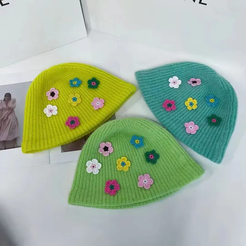 Pronto per la spedizione inverno autunno carino lavorato a maglia era cappelli aderenti fiore calorosamente divertente cappello da pescatore