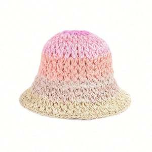 Nouveau Chapeau Bob en Paille Crocheté à la Main pour Femme, Couleurs Dégradées Arc-en-ciel, Collection Été 2025 - Product Image 5