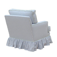 Fauteuil d'appoint pivotant de style rétro français, bleu et blanc rayé, avec garniture à franges, pour salon ou chambre à coucher