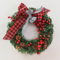 Karangan Bunga Natal 35cm 45cm Dengan Pita Kotak-kotak Kapas Kerucut Pinus Karangan Bunga Gantung Pintu Depan Dekorasi Rumah Natal