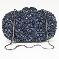 Tas Pesta Wanita Kristal Rhinestone & Berlian Biru Dongker Motif Bunga untuk Pernikahan, Acara, dan Malam Hari, Dompet Clutch Berhias Batu