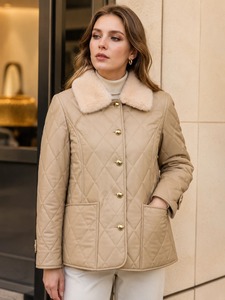 Cappotto in Pelle di Pecora e Misto Lana e Pelo di <span class=keywords><strong>Cammello</strong></span> con Collo in Pelliccia di Visone, <span class=keywords><strong>Giacca</strong></span> Invernale da Donna Trapuntata a Rombi - Product Image 1
