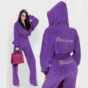 Custom Rhinestone Hoodie Jogging Velvet Tracksuit Two Piece Set Women Velour Track <strong>Suit</strong> - Product Image 2